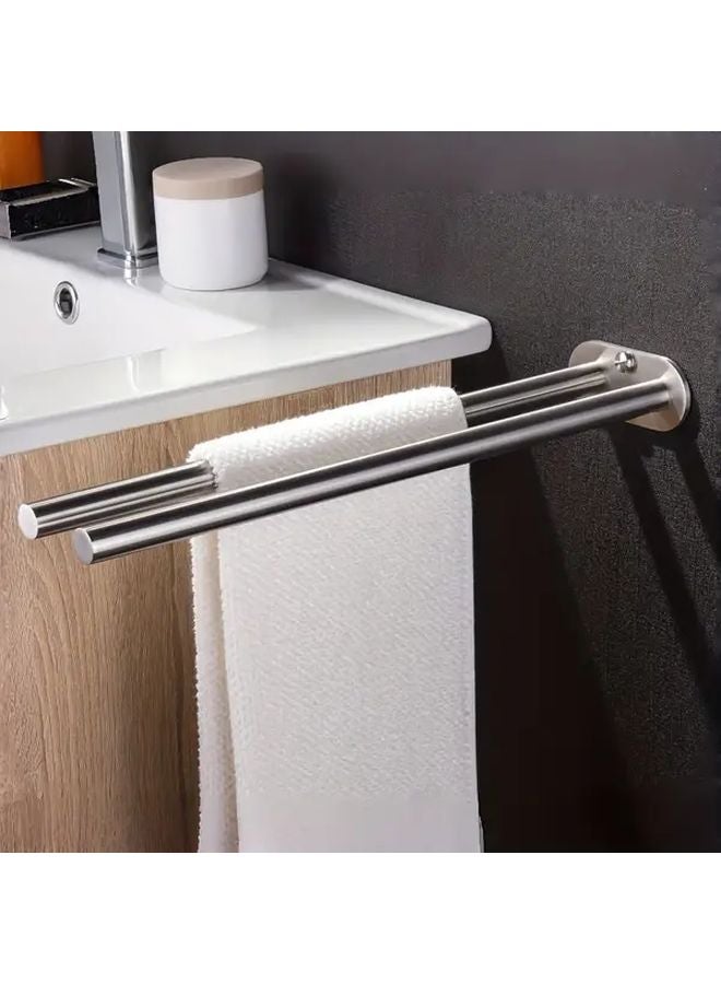 Stainless Steel Double Rod Towel Rack Silvery Wall Mounted Bathroom Shelf - Image 2
